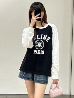 CELINE Black White Cotton Triomphe Logo Print Knit Jersey Top T-Shirt XS
